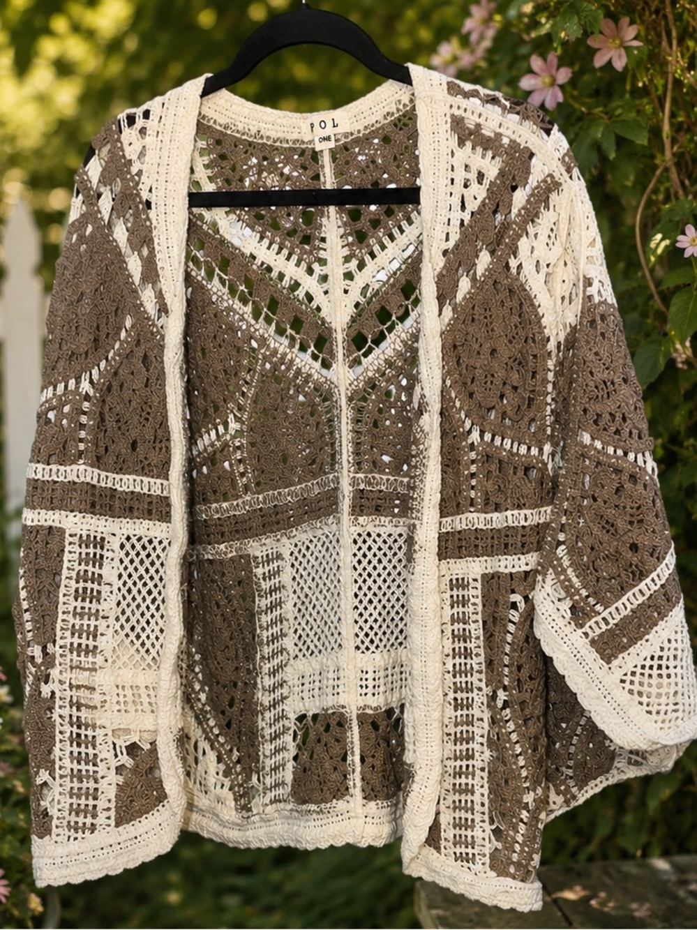 POL Crochet Open-Front Cardigan in Cream & Taupe